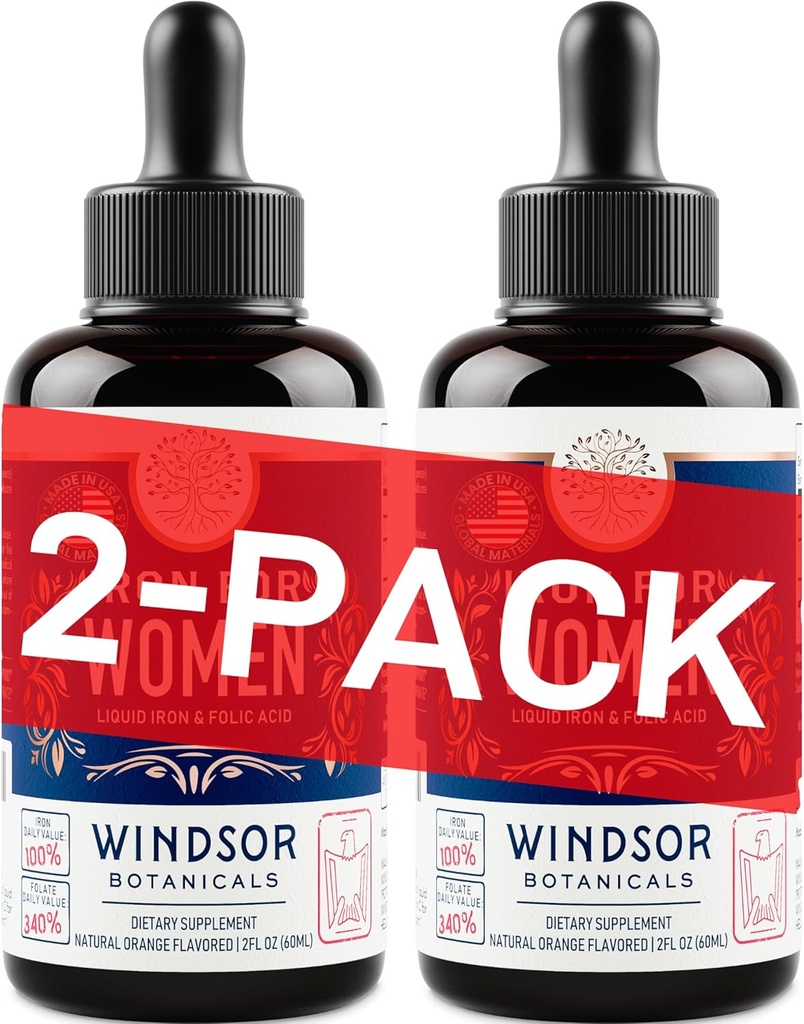 Suplemento de hierro líquido para mujeres 2-Pack - ácido fólico, vitamina C, suplementos de hierro líquido vegano para la anemia, menstruación, apoyo al embarazo - gotas sabor a naranja - 2x2oz