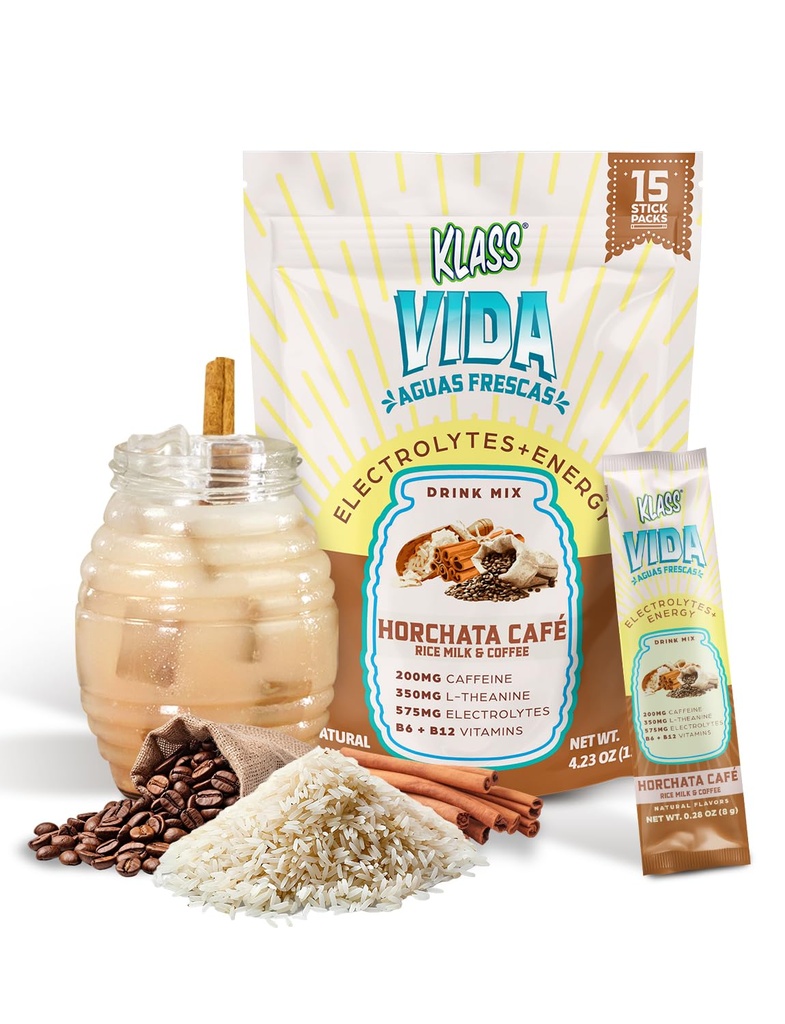 Hydration + Energy Electrolyte Drink Mix – Coffee Horchata Agua Fresca Flavor ¦ Powder libre de azúcar con cafeína, L-Theanine, Coconut Water & Minerals TEN 15 Single-Serve Stick Packs