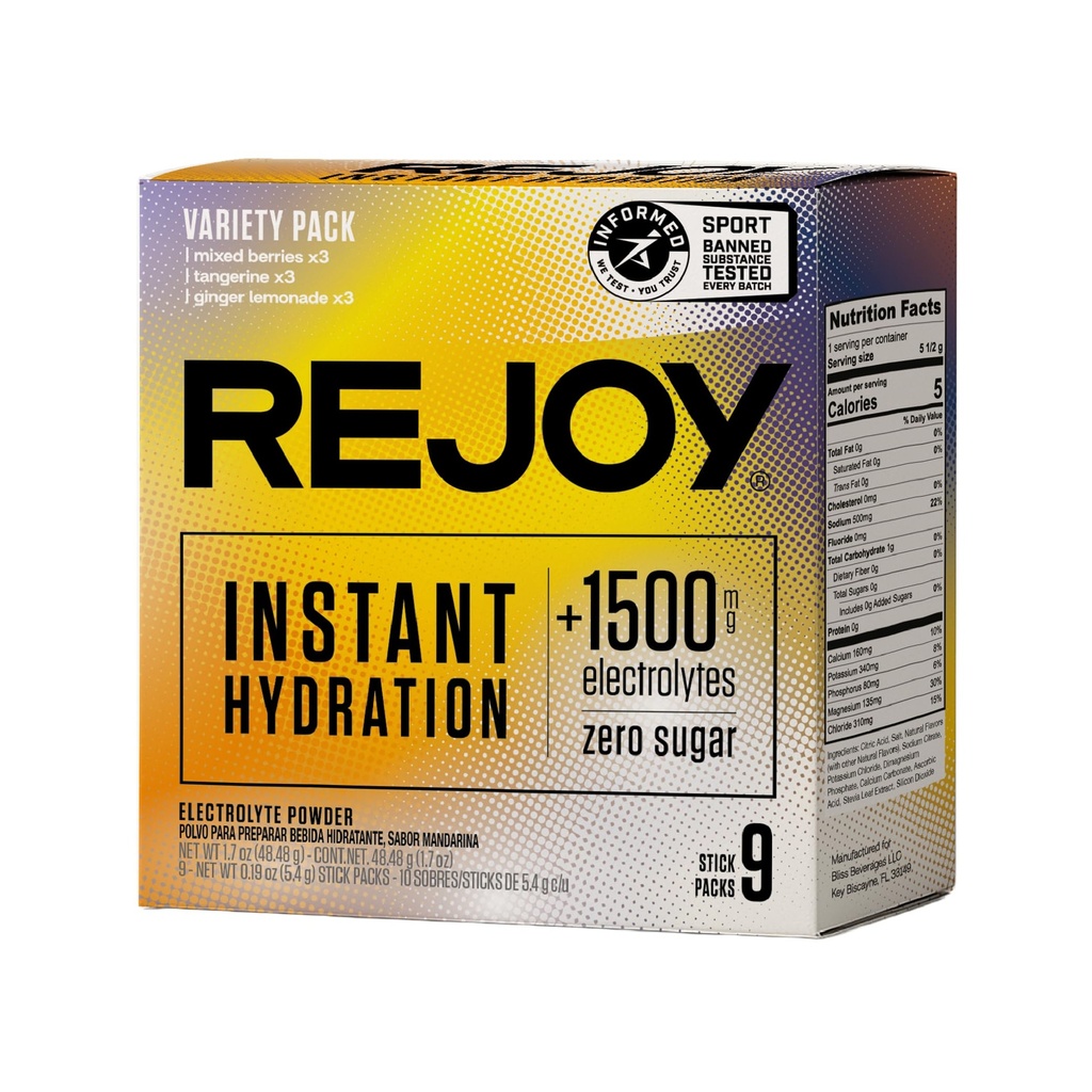 Rejoy – Electrolyte Powder Packets, 9 Sticks – Hydration Drink Mix Supplement – Sugar Free, Keto y Paleo Friendly, Vegan, Non-GMO, Easy Open Single-Serving Stick (Variety Pack)