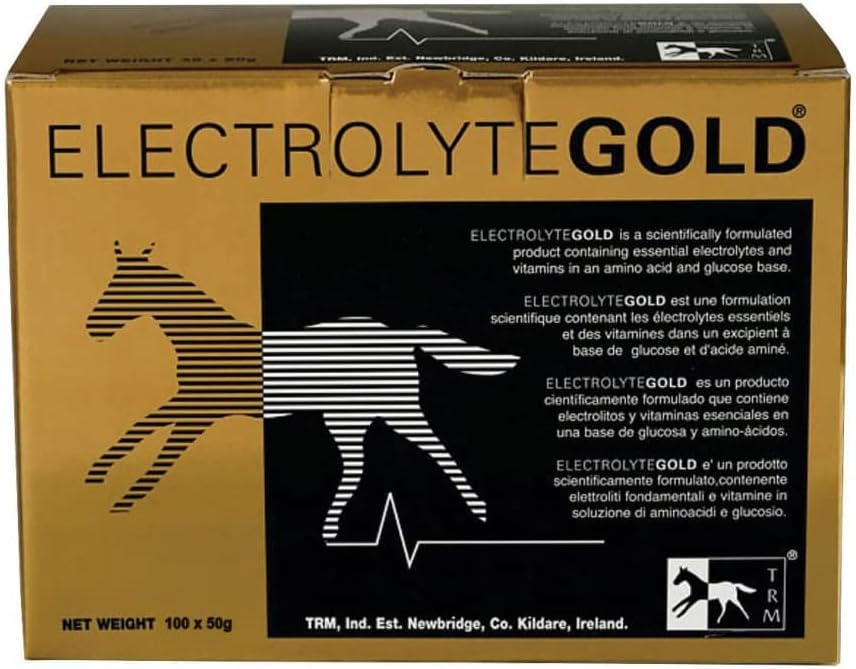 TRM Electrolyte Gold Performance Horse Feed Supplement for Electrolyte Replenishment ¦ Combats Fatigue Silencio Contiene Vitaminas C &amp; E - 100 Qty x 1,76 oz (100 Qty x 50g) - 100 Qty x 1,76 oz
