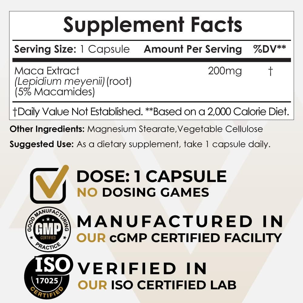 Maca Extract Capsules tención 5% Macamides Silencio Lepidium meyenii ← Mood, Energy y Vitality