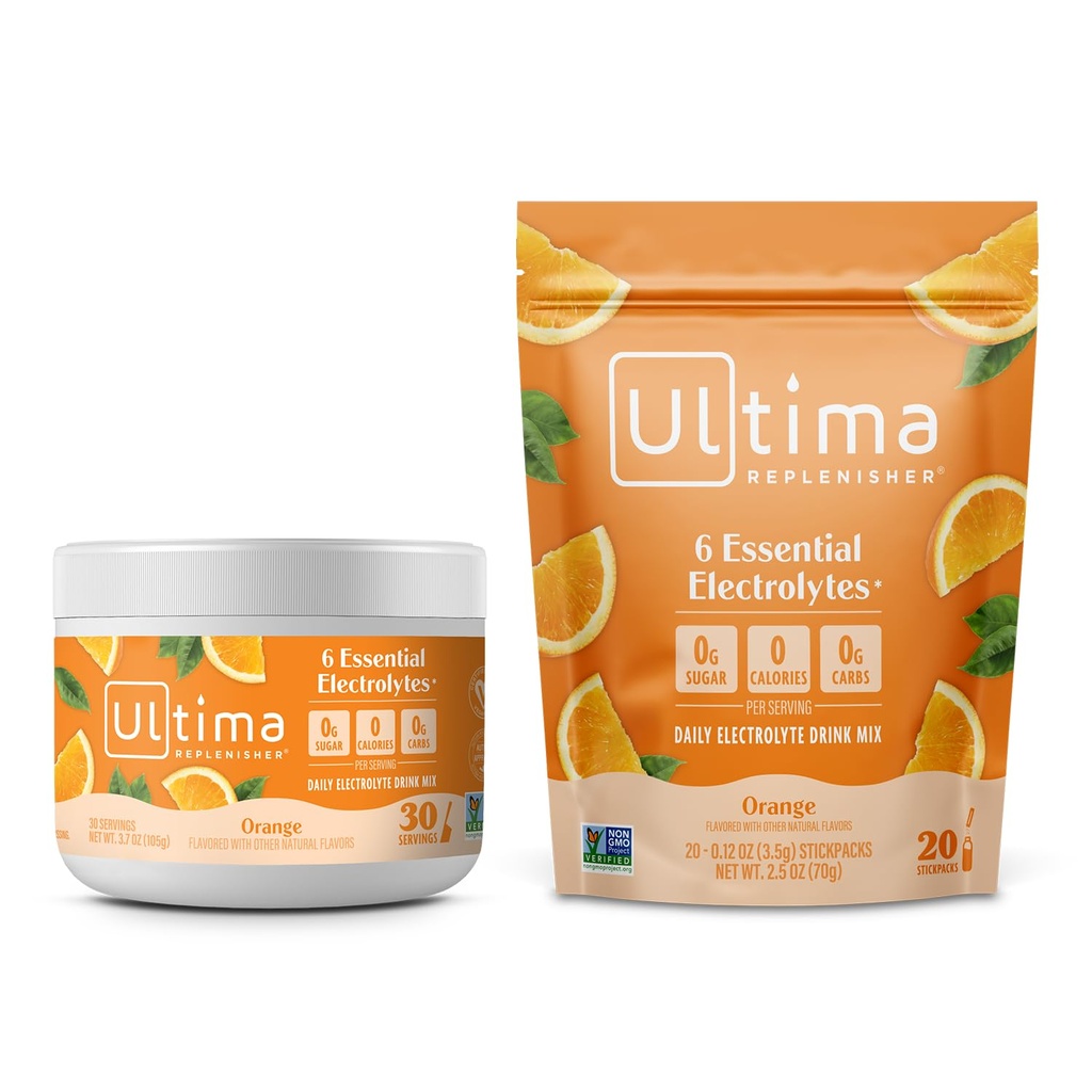 Ultima Replenisher Electrolyte Powder Drink Mix Bundle – Sugar Free – Orange, 30 Serving Canister y 20 Stickpacks – 6 Electrolytes and Minerals – Keto Friendly, Vegan, Non-GMO
