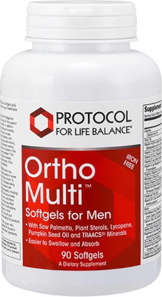 PROTOCOLO PARA LA VIDA BALANCE Ortho Multi Softgels para hombres - Multivitamínico para la salud de próstata - con Saw Palmetto, Zinc & CoQ10 - Hombres Daily Multivitamin - Iron Free - 90 Softgels