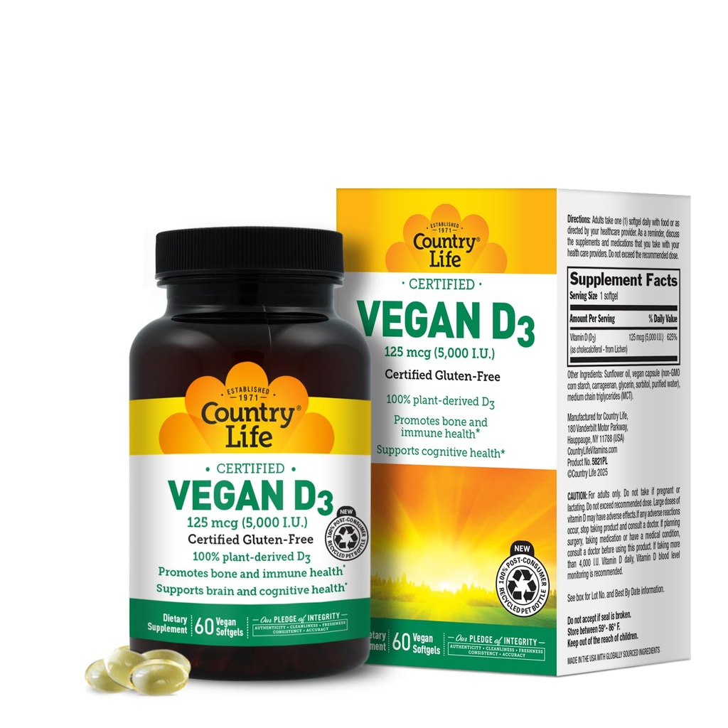 Country Life Vegan D3 5000 UI – Vitamina D3 de Lichen – High Potency Immune & Bone Support – Certified Vegan, Gluten-Free, Non-GMO – 60 Softgels