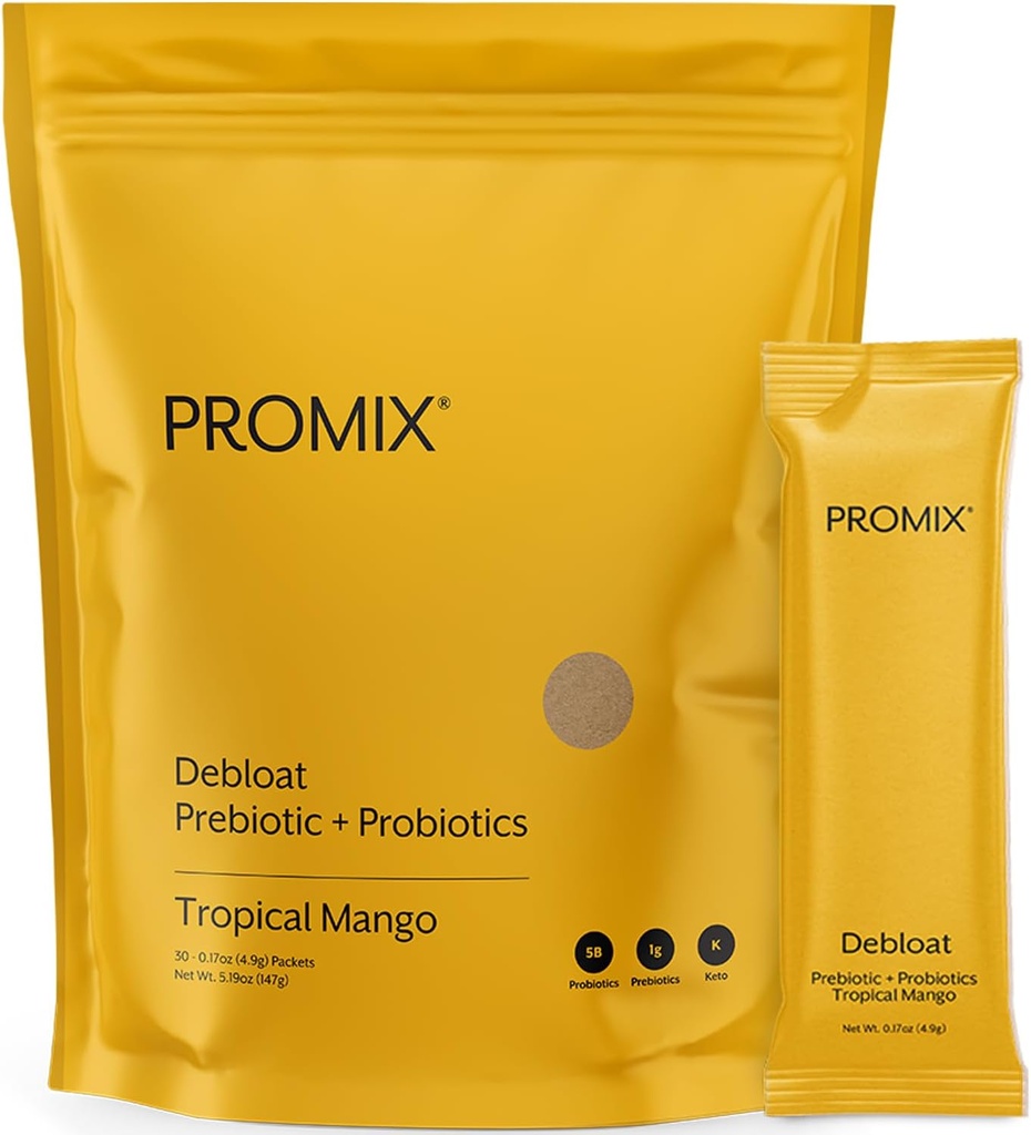 ProMix Nutrition Debloat Prebióticos y Probióticos Apoyo Inmunitario Suplemento de Digestión, Salud Cortisol, Gut Cleanse - Mango - 30 Servimientos (Pack of 30)