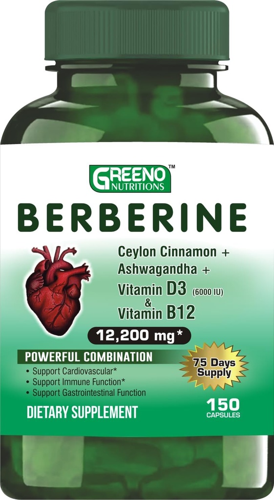 Berberine 12200mg con Ceylán Cinnamon Ashwagandha Vitamina D13 + Vitamina B12 Immune Heart Support - 75 Days Supply -150 Conde (Pack of 1)