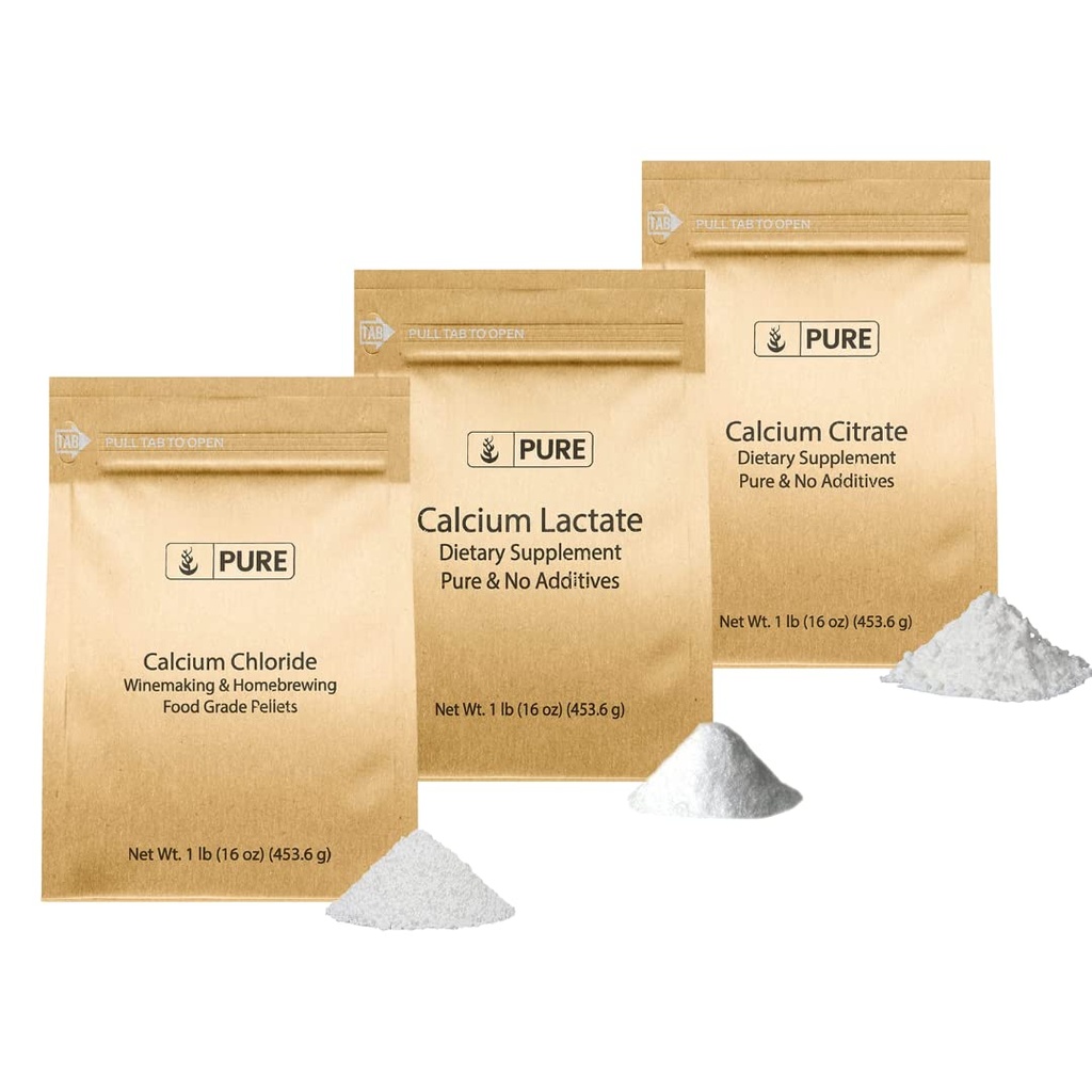 Ingredientes originales puros Calcio Bundle (1lb) Calcio Chloride, Calcio Citrato, Calcio Lactate