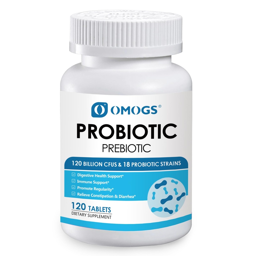 Probióticos OMOGS 90 Billones UF 18 Estrechos, con 3 Prebióticos Orgánicos &amp; Vitamina C, Suplemento Nutricional para Mujeres, Hombres &amp; Niños,Apoyo Metabolismo, Inmunidad y Salud Digestiva,No-GMO, 90 Tabletas