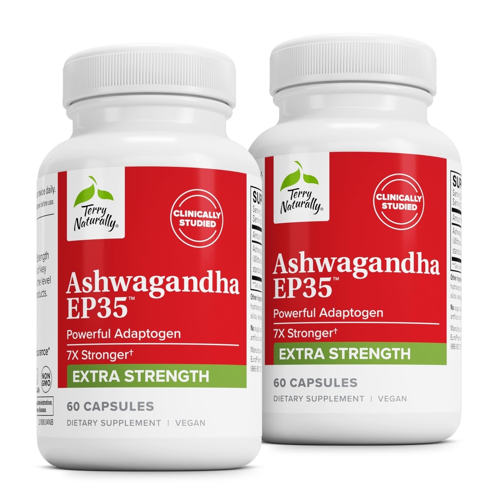 Terry Naturalmente Ashwagandha EP35 Extra Strength - Suplemento herbal para el apoyo al sueño - Respuesta de estrés saludable - Asistencia energética para la resistencia - 60 cápsulas (60 piezas)