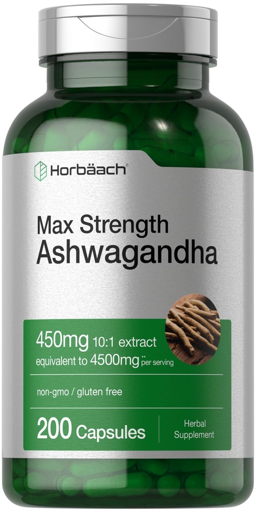 Horbäach Ashwagandha Suplemento Silencio Max Strength ← 200 Capsules Silencio para Mujeres y Hombres