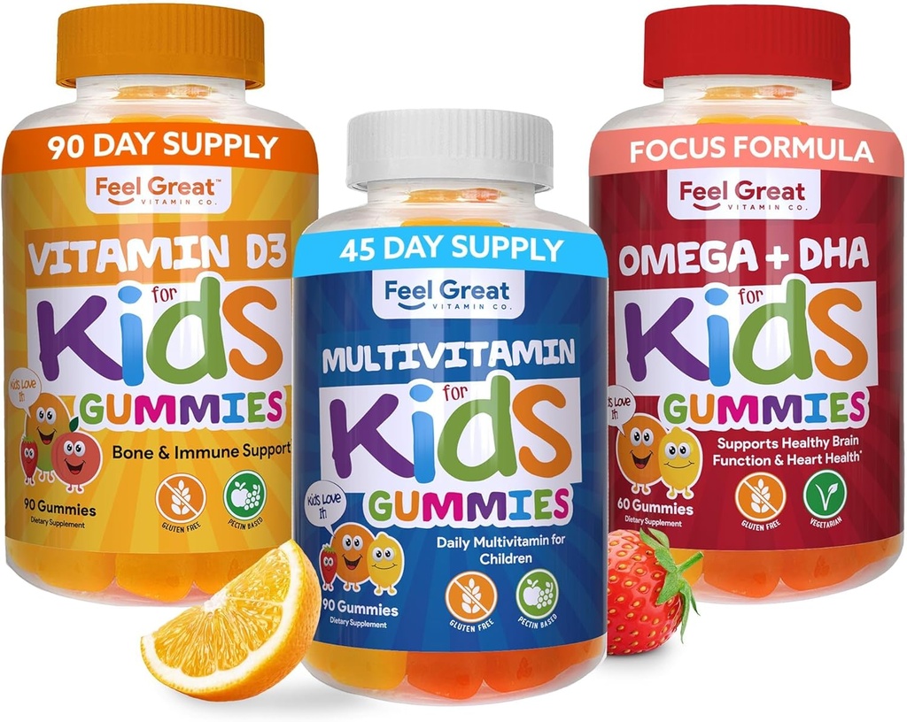 Feel Great Kids Essentail Vitaminas Trio - Omega + DHA - Vitamina D - Multivitamin for Wellness & Immune Support