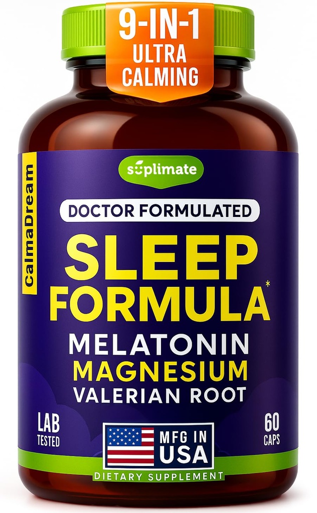 9-en-1 Melatonin Sleep Aid for Adults - USA Made, Lab Tested with Melatonin 5mg and 108mg Magnesium for Sleep - TRAACS, Ashwagandha, Valerian Root, GABA, 5HTP, Herbal Sleep Supplement, Vegan, 60 Caps