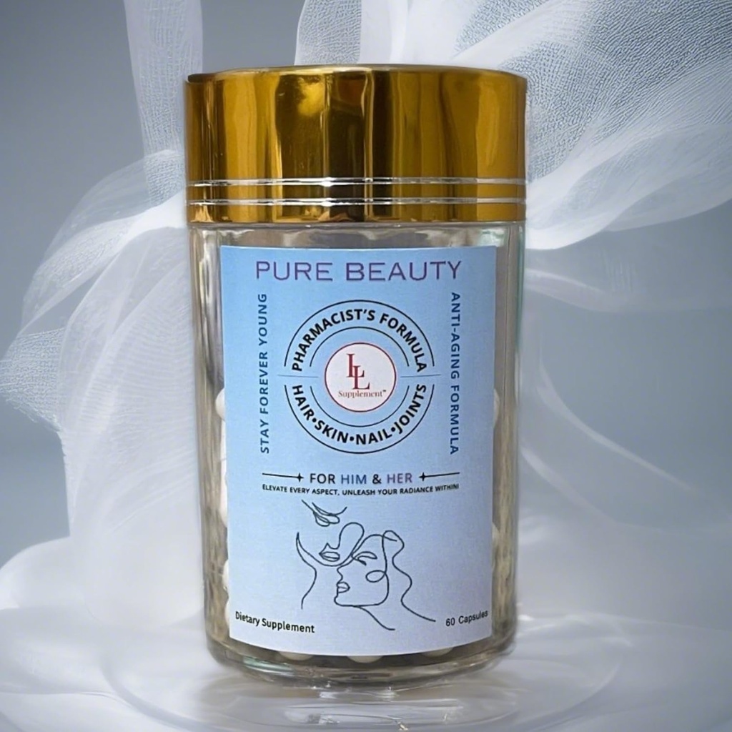 Belleza pura por suplemento LL – Licuación de lavado anti-envejecimiento con colágeno, ácido hialurónico " Resveratrol para la piel radiante, hidratada – 60 cápsulas