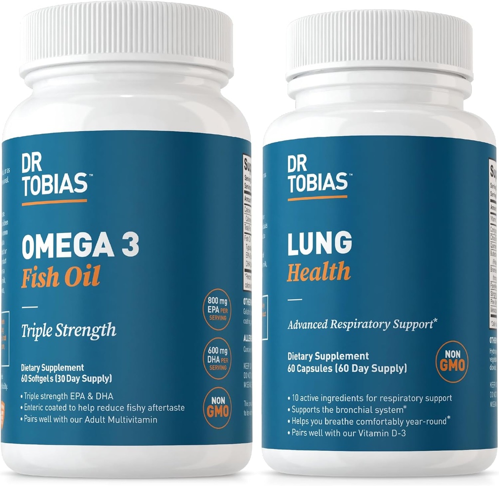 Dr. Tobias Omega 3 Fish Oil " Lung Health Supplements for Heart, Brain & Immune Support, Lung Cleanse " Detox Formula for Bronchial " Respiratory System, 60 cápsulas