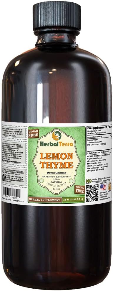 Tomo de limón (Thymus x Citriodorus) Glicérito, hierba orgánica seca sin alcohol Extracto líquido libre de alcohol (Marca: HerbalTerra, Proudly Made in USA) 32 fl.oz (0.95 l)