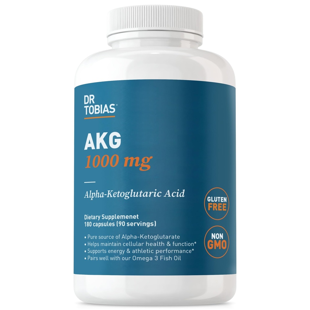 Dr. Tobias AKG Supplement 1000mg Por Serving, Bioavailable Alpha Ketoglutaric Acid, Supports Cellular Energy & Nitric Oxide Flow, Vegan, Gluten-Free, Non-GMO, 180 Capsules, 90 Servings