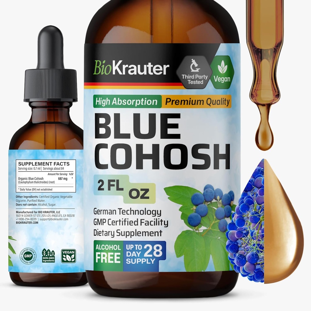 BIO KRAUTER® Menopause Supplements for Women* - Blue Cohosh Tincture 2 Fl.Oz 28 Days of Supply - Vegan Blue Cohosh Extract for Menopause Support - Alcohol &amp; Sugar Free - Relaxation &amp; Women's Wellness