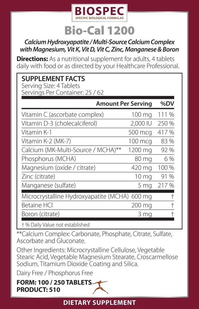 Bio-Cal 1200 – Complejo Superior de Soporte de Huesos w / MCHA, Vitamina D3, Vitamina K2 (MK-7), Magnesio, Zinc y Otros Nutrientes