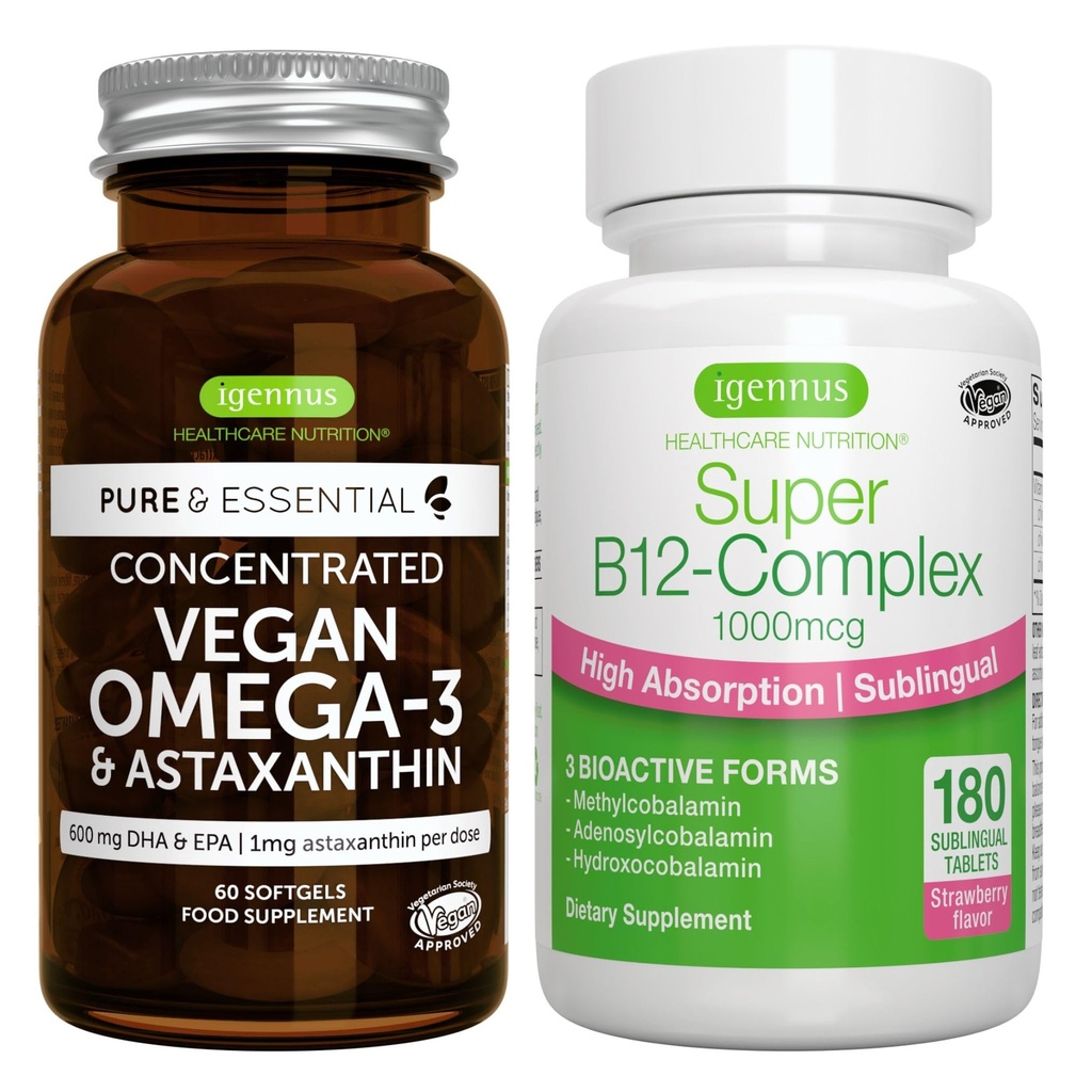 Vegan Omega-3 + Super B12-Complex 1000mcg Vegan Bundle, EPA sostenible & DHA Algae Oil 1340mg + alta absorción Sublingual Vitamina B12 Con Methylcobalamin, Adenosylcobalamin & Hydroxocobalamin, por I