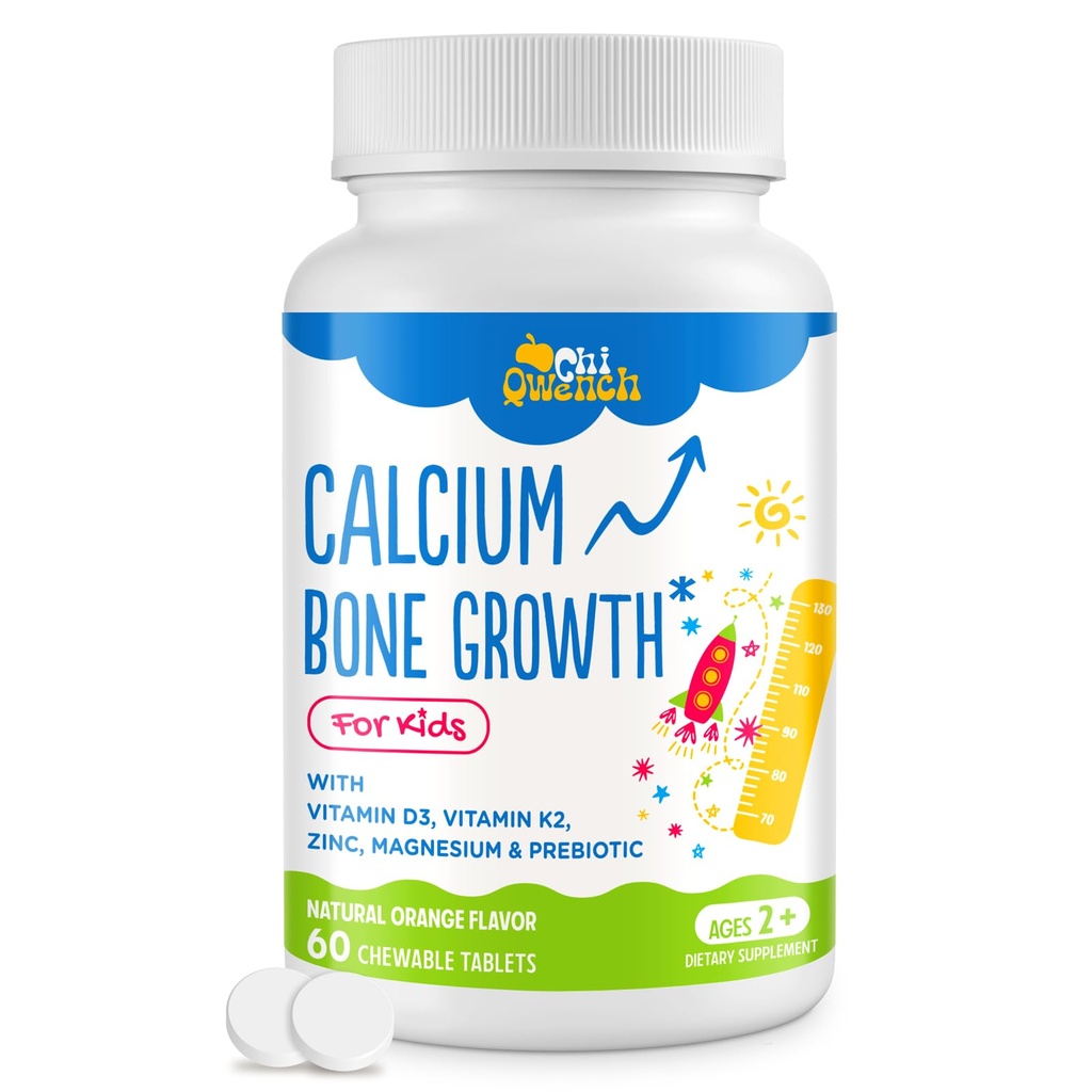 500 MG Suplemento de calcio con vitamina D3 " K2, zinc, magnesio " . Vitaminas para niños para niños. Fuerza de bonificación, Absorción Alta, Chewables Naranjas, No GMO, Gratuito de 60 Tabs