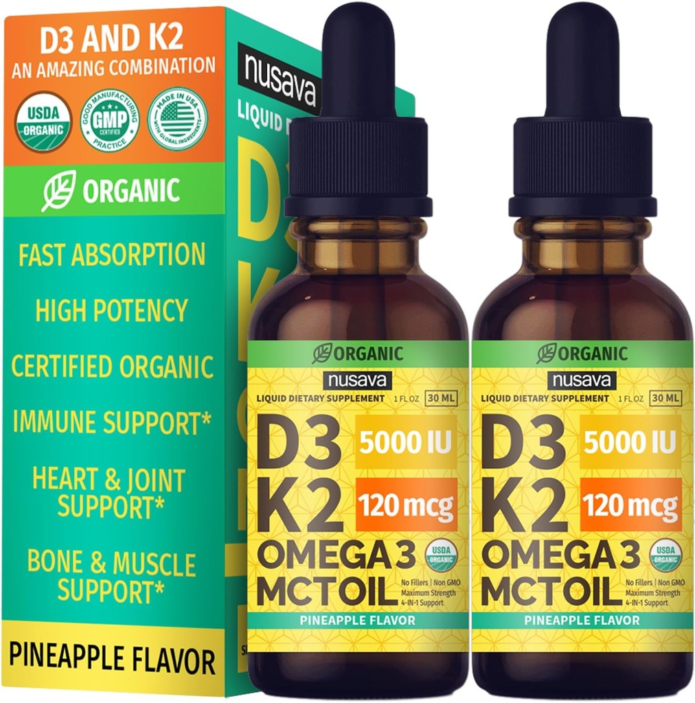 (2 Pack) Vitamina Orgánica D3 K2 gotas con aceite MCT Omega 3, Maximum Strength Vitamin D Liquid 5000 UI, No Fillers, Líquido no GMO D3 para la absorción más rápida y soporte inmunológico (Pineapple, 2 Fl Oz)