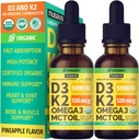 (2 Pack) Vitamina Orgánica D3 K2 gotas con aceite MCT Omega 3, Maximum Strength Vitamin D Liquid 5000 UI, No Fillers, Líquido no GMO D3 para la absorción más rápida y soporte inmunológico (Pineapple, 2 Fl Oz)