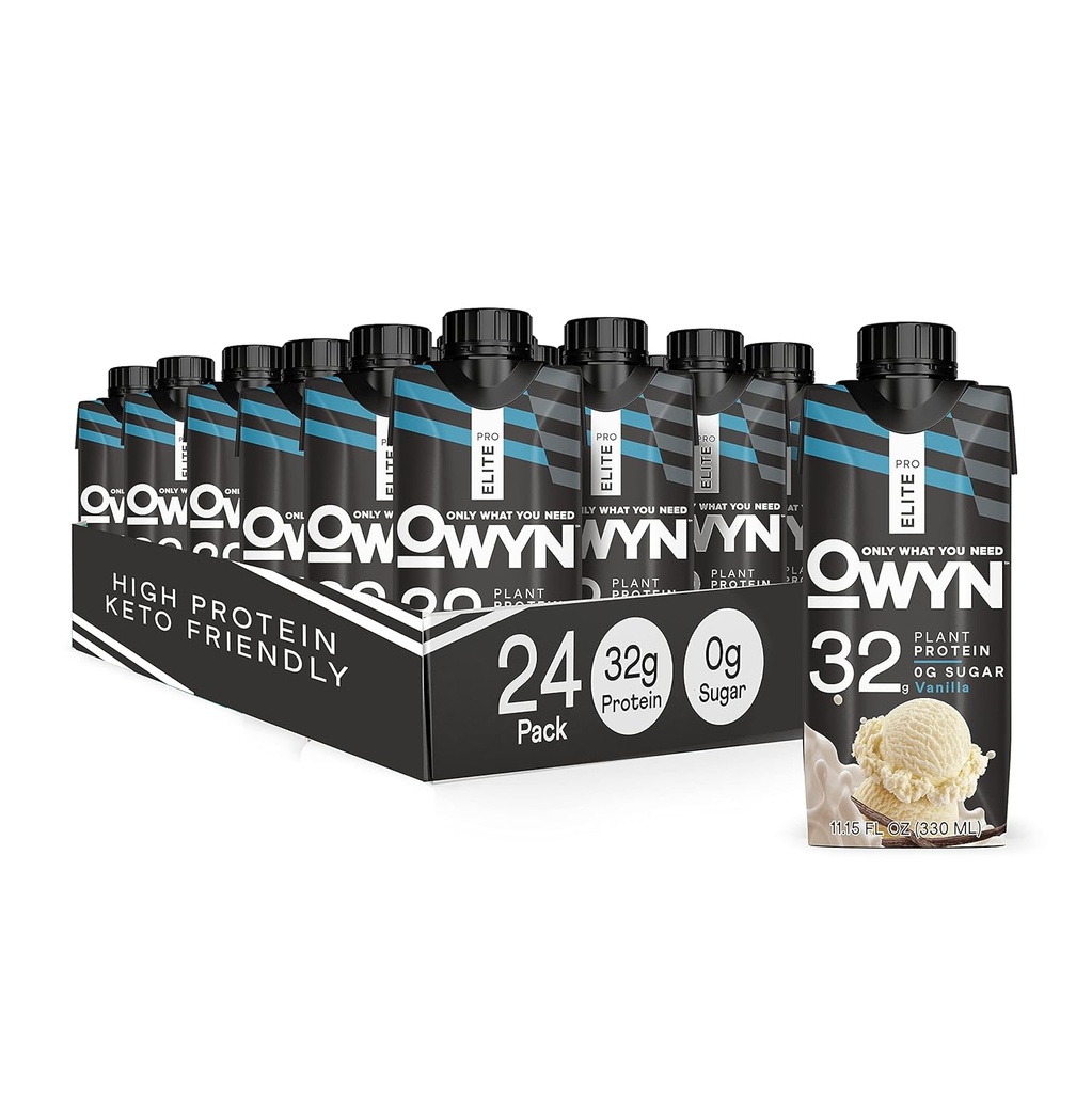 OWYN Pro Elite Vegan Plant-Based High Protein Shake, Vanilla, 24-Pack, 32g Plant Protein, Prebióticos, Superfoods Greens for Workout and Recovery, 0g Net Carbs, Zero Sugar, Keto (24 Pack)
