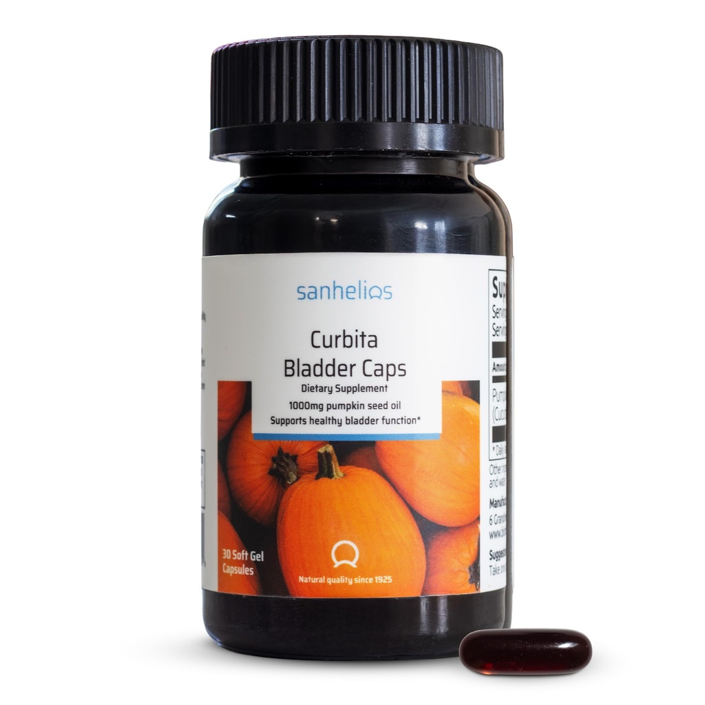 Sanhelios Curbita Vejiga Caps Pumpkin Seed Oil 1000mg - Función sana de la vejiga Suplemento de apoyo para hombres y mujeres - No GMO, sin azúcar, libre de conservación, sin gluten - 30 cápsulas - 1 paquete