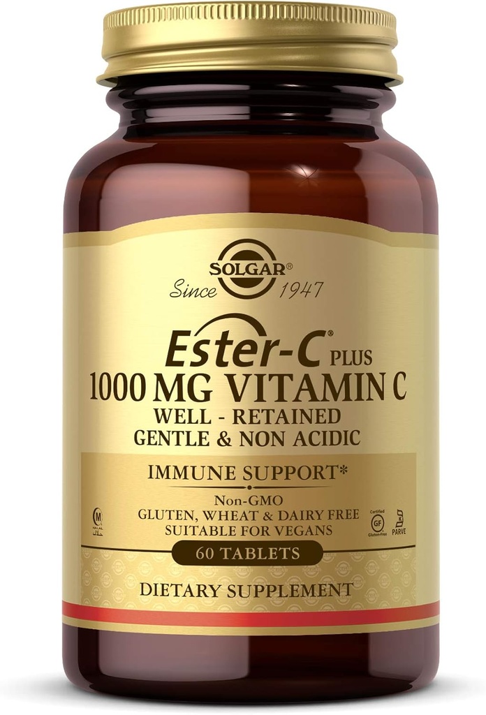 Solgar Ester-C Plus 1000 mg Vitamina C (Ascorbate Complex), 60 Tabletas - Gentle On The Stomach " Non Acidic - Antioxidant " Immune System Support - Non GMO, Vegan, Gluten Free, Kosher - 60 Servings