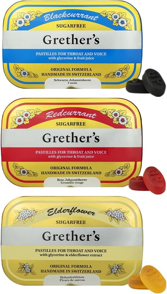 Pastilles sin azúcar de GRETHER Blackcurrant, Elderflower & Redcurrant - Regalo para los cantantes - Remedio natural para el alivio de la boca seca - 2.1 oz (Pack of 3)