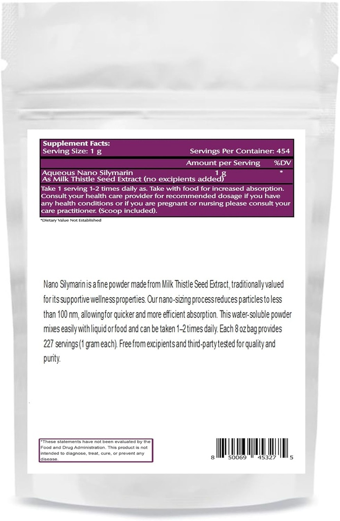 Nano Silymarin Powder 8 oz (227 Servings), Milk Thistle Seed Extract, Nano for Enhanced Absorption, Supports General Welness, Non-GMO, Vegan, Gluten Free