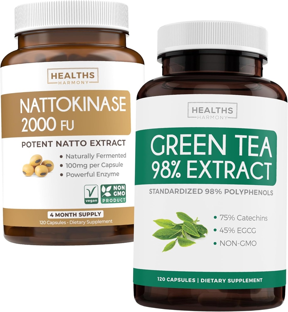 Nattokinase " Green Tea (2-Month Supply) Green Vitality Boost - Nattokinase 2000 FU Powerful Naturally Fermented Soybeans -120 Caps " Green Tea Extract 98% with EGCG (No-GMO) Natural Metabolism Boost