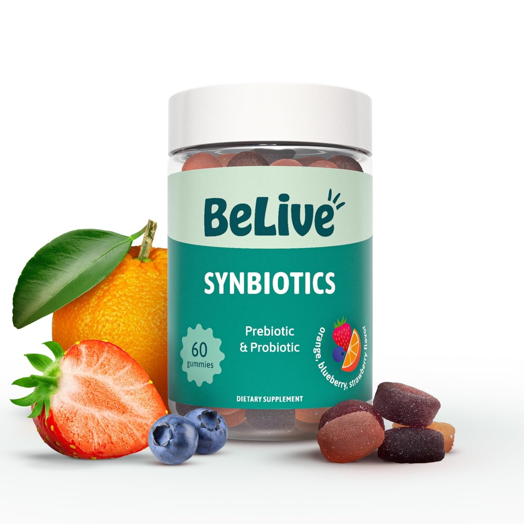 Sinbióticos BeLive - Gummies de fibra prebiótica y probiótica – Inulina de alta resistencia (3g), Suplemento de fibra dietética, Apoyo Digestivo para Adultos Infantiles - Fresa, Lemon, Blueberry Flavor (60Ct)