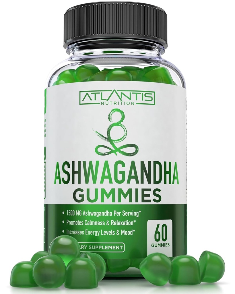 Atlantis Nutrition Ashwagandha Gummies - 1500 MG Por Serving - Promueve la calma, mejora el humor, aumenta los niveles de energía " fortalece el sistema inmunológico - Formulado con vitamina D " Zinc - Vegan tención 60 Conde