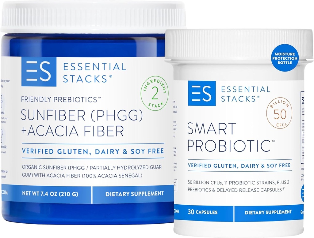 Estacas esenciales Combustible Su grupo Gut: Probiótico inteligente (30 ct) + Prebióticos amigos (7.4 oz)