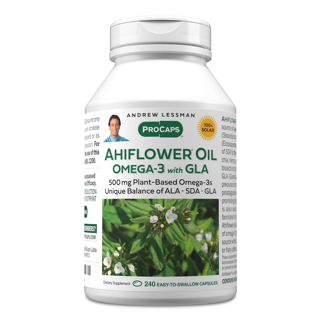 ANDREW LESSMAN Ahiflower Omega-3 con GLA - 240 Softgels - Fuente de ácidos grasos Omega-3 de base vegetal única equilibrada. No estrangulamiento, contaminantes o mercurio. Fácil de Tragar