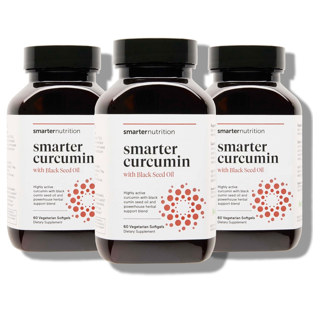 Curcumina de nutrición más inteligente Softgels - Absorción alta vegana 400 mg Suplemento de Curcumina Estandarizado al 95% Tetrahidrocurcuminoides + Aceite de semillas negras " Peligro para salud conjunta " , 180 Ct