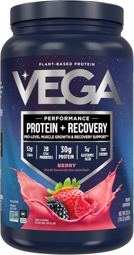 Vega Sport Vegan Protein Powder + Recuperación - 30g Plant Based Protein per Serving, Berry, 19 Servings, 5g BCAAs, Probiotics, NSF Certified, For Shakes & Smoothies, 1.8lbs (Paquete mayo Vary)