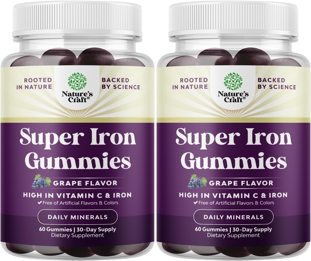 Gummies de Hierro Extra de Fuerza para Mujeres y Hombres - Potente 45 mg por Servir suplemento de Hierro Chewable para Mujeres &amp; Hombres con Vitamina C Absorción Superior - Adultos de Gummy Vegano (60 Serviciones)