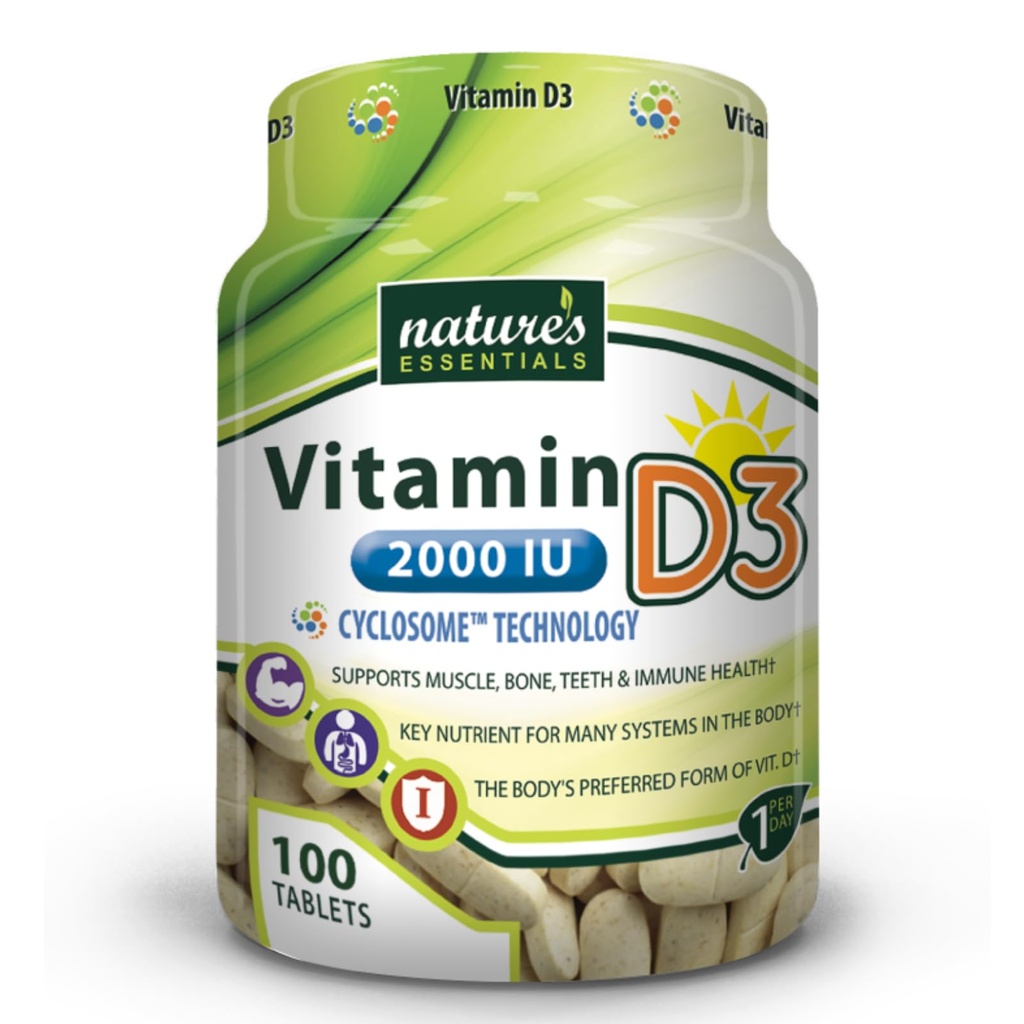 NATURE'S ESSENTIALS Vitamina D3 2000IU TENIDO Immune Support TEN Advanced Cyclosome Liposomal Delivery ← Non-GMO, Gluten Free, Vegetarian TEN 100 Tablets