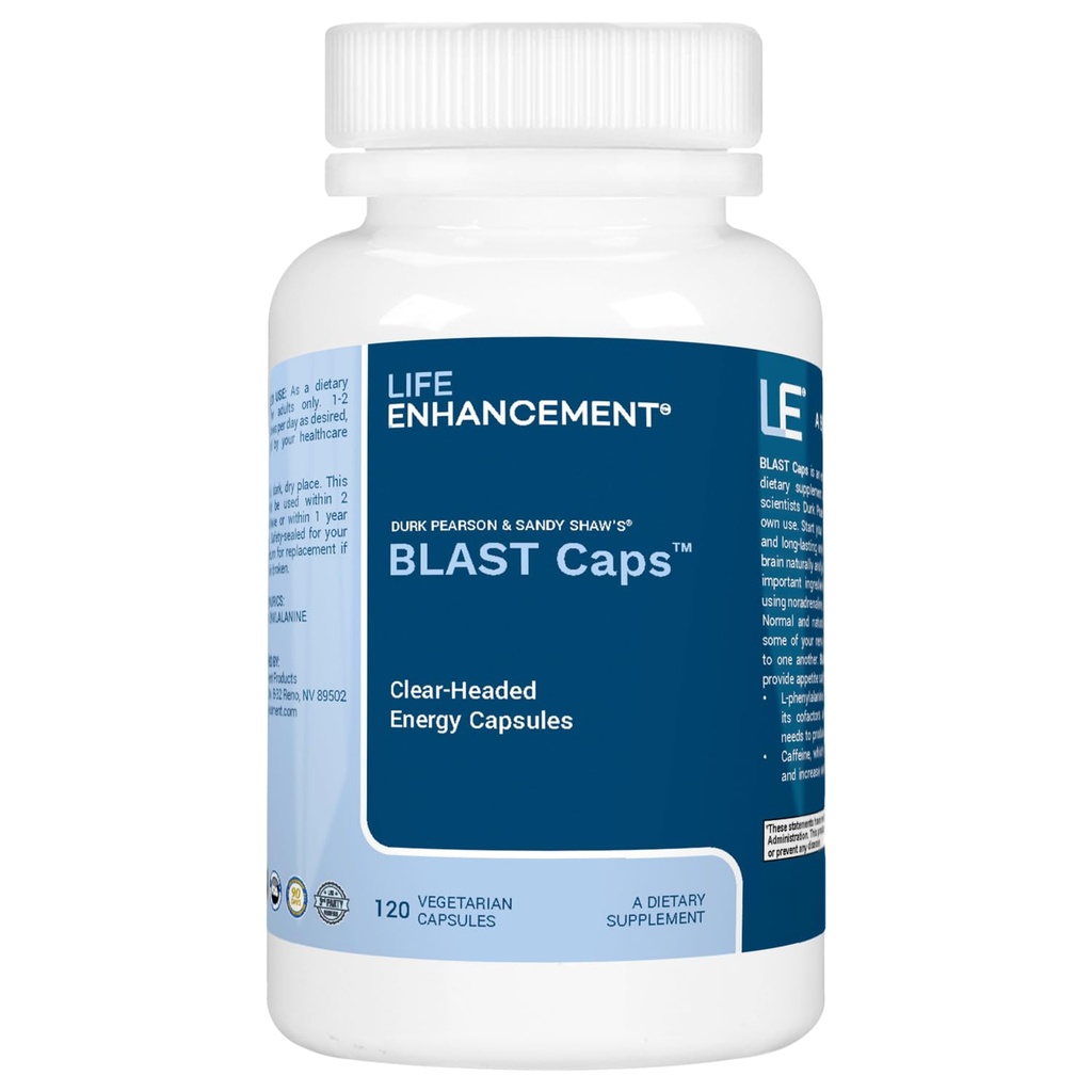 Life Enhancement Blast Caps, 60 Capsules - Energy and Focus Supplement - Nootropics Brain Support Supplement with B12, Niacin, Caffeine, Taurine, Phenylalanine, Vitamin C, &amp; More