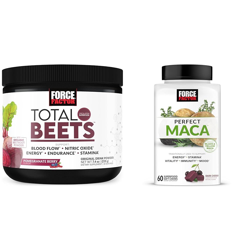 Factor de fuerza Total Beets Nitric Oxide Powder y Perfect Maca Root Chews Energy, Mood and Balance Supplement Bundle