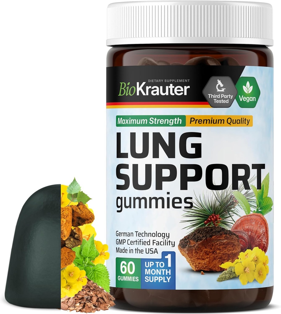 BIO KRAUTER Lung Detox Gummies - 60 Chews Vegan - Suplemento de limpieza pulmonar w/Vitamin C & Mullein Leaf Blend - Soporte respiratorio