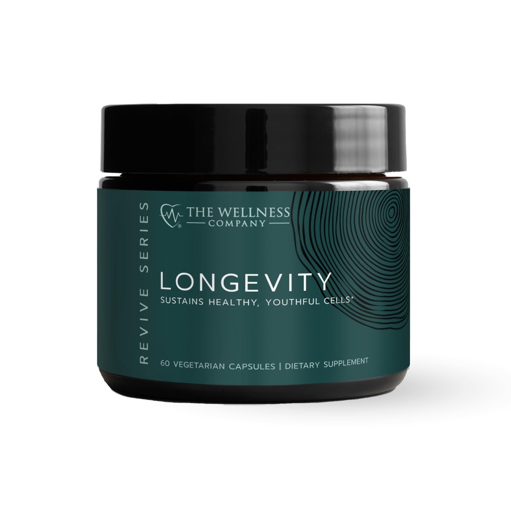 The Wellness Company Longevity – Mitochondria Efficiency, DNA Repair, Cellular Senescense - NR, Lipsomal Glutathione, Resveratrol, Bifidobacterium 15B CFU tención 60ct (1 Month Supply)
