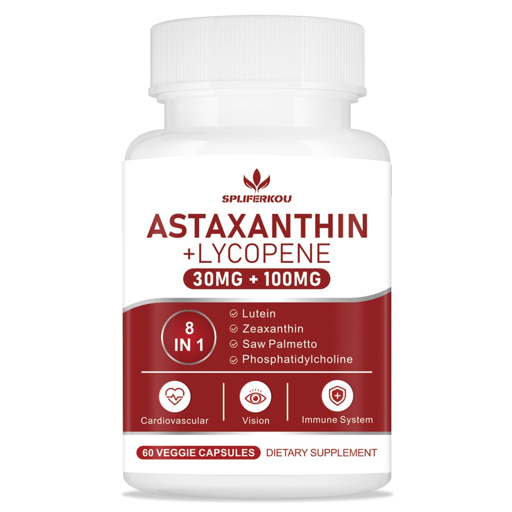 Astaxanthin y Lycopene 70mg, suplemento de Astaxanthin con fosfatidilcolina, luteína y Zeaxantina, potentes antioxidantes Suplemento Apoyo para la piel, el ojo y la salud conjunta (60 cápsulas)