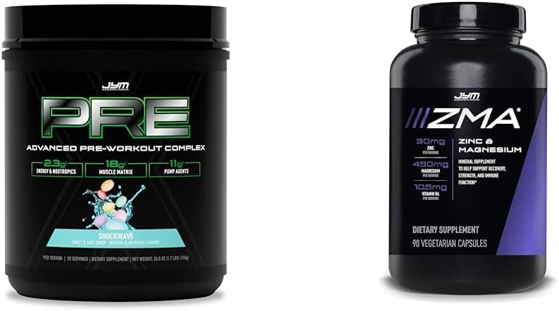 PRE JYM X - Shockwave Pre Workout Powder &amp; JYM ZMA Zinc/Magnesium Capsules Suplemento - Zinc, Magnesio y Vitamina B6