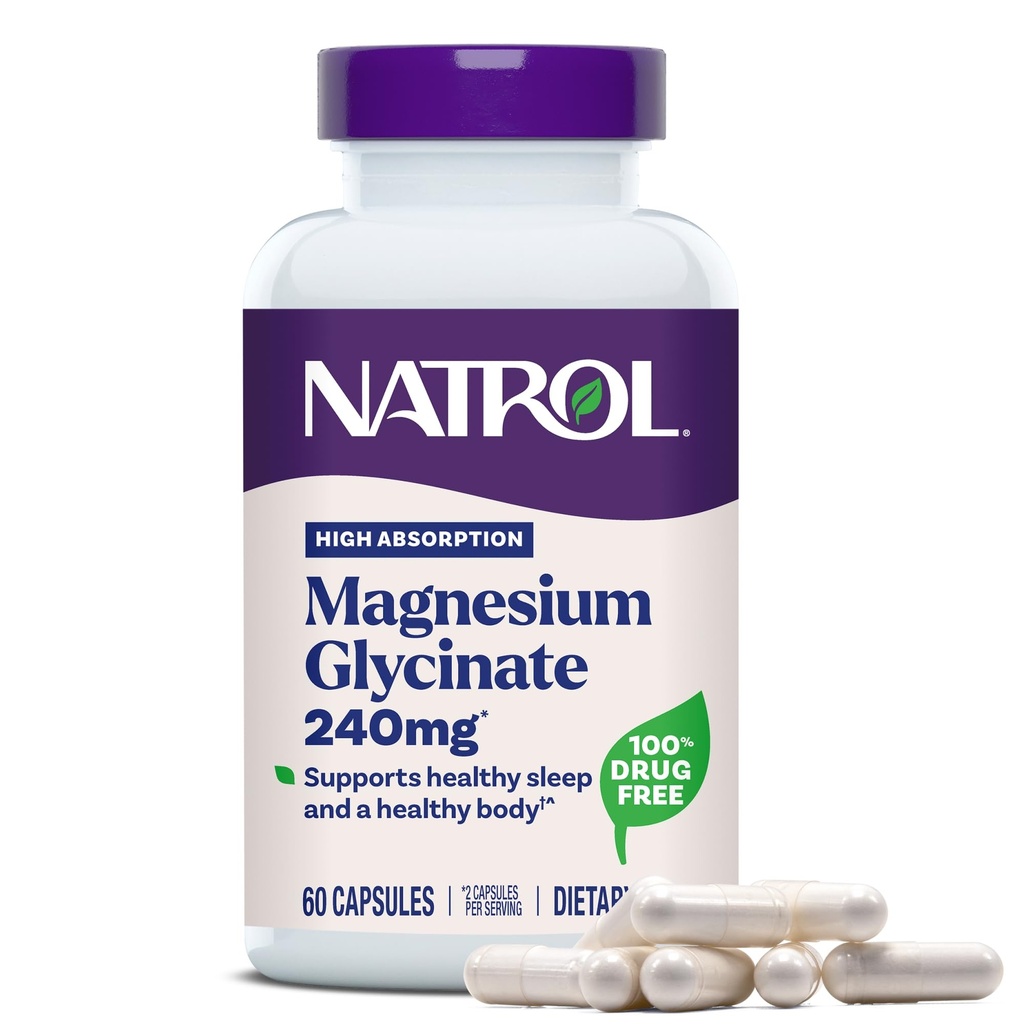 Natrol Magnesio Glycinate Suplementos 240 mg - Absorción alta - Magnesio calma Glycinate para dormir - 60 cápsulas, 30 días de suministro