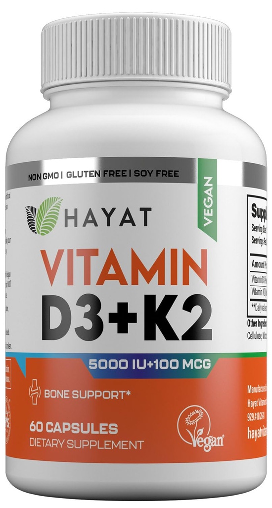 Vitaminas HAYAT Vitamina Vegan D3+K2 (5000 UI + 100 MCG), Suplemento dietético para bonificación, dientes, musculoso y soporte de salud inmune, 2 meses de suministro, haal certificado, 60 cápsulas, hechos en los EE.UU.