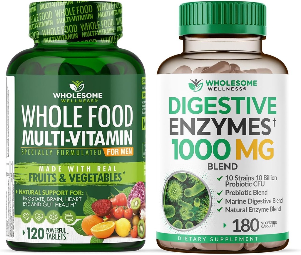 Wellness Whole Food Multivitamin for Men - Vitaminas Multi Naturales, Minerales, Extractos Ecológicos Enzymes Digestivas 1000MG Plus Prebióticos & Probióticos Bundle