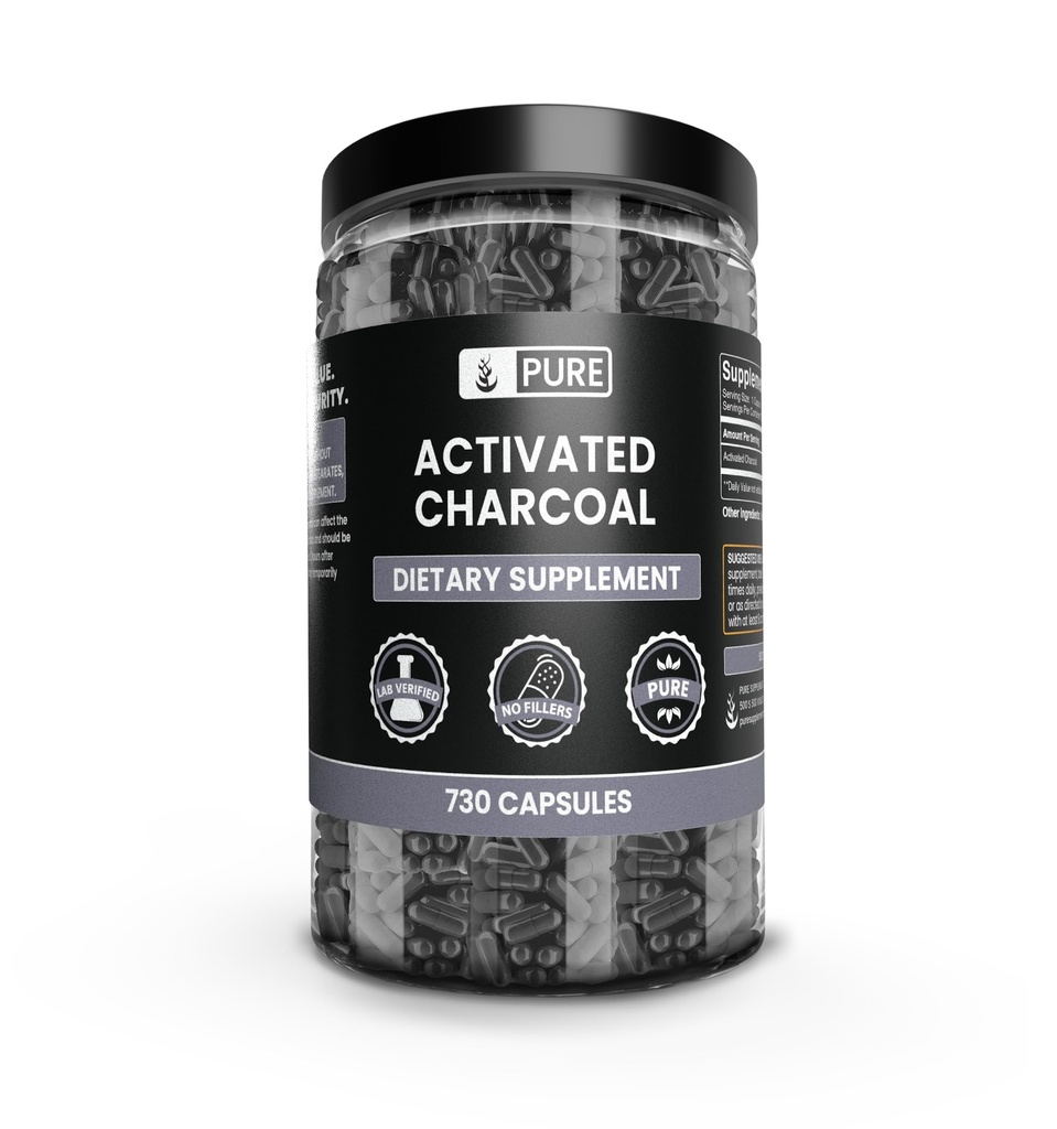 Ingredientes originales puros Carbón activado (730 cápsulas) No hay magnesio o rifles de arroz, siempre puro, lab verificado